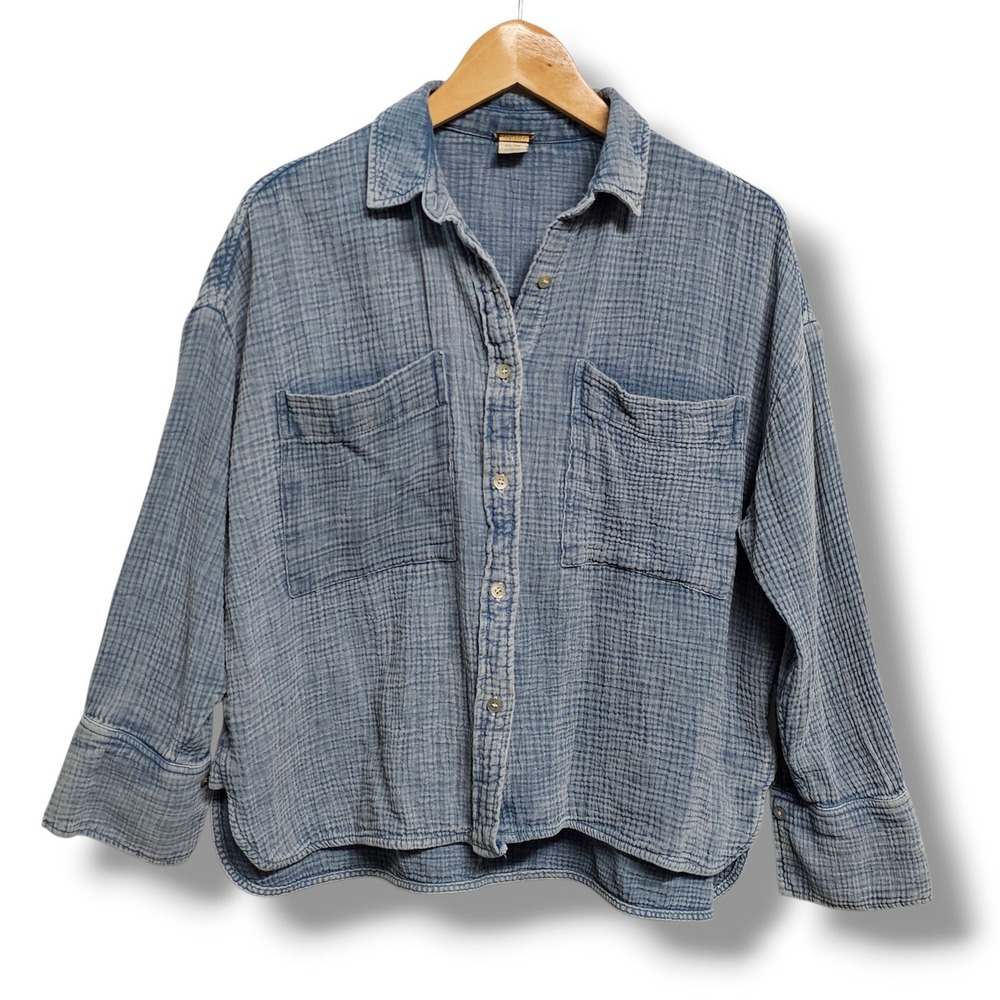 Magaschoni Organic Cotton Shirt XS Womens Blue Gauzy Drop Shoulder Boho Coastal